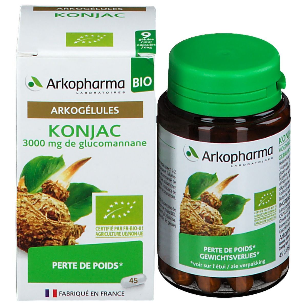 Eine Flasche und eine Schachtel mit Kapseln. Auf der Schachtel steht Arkopharma Bio und Konjac.