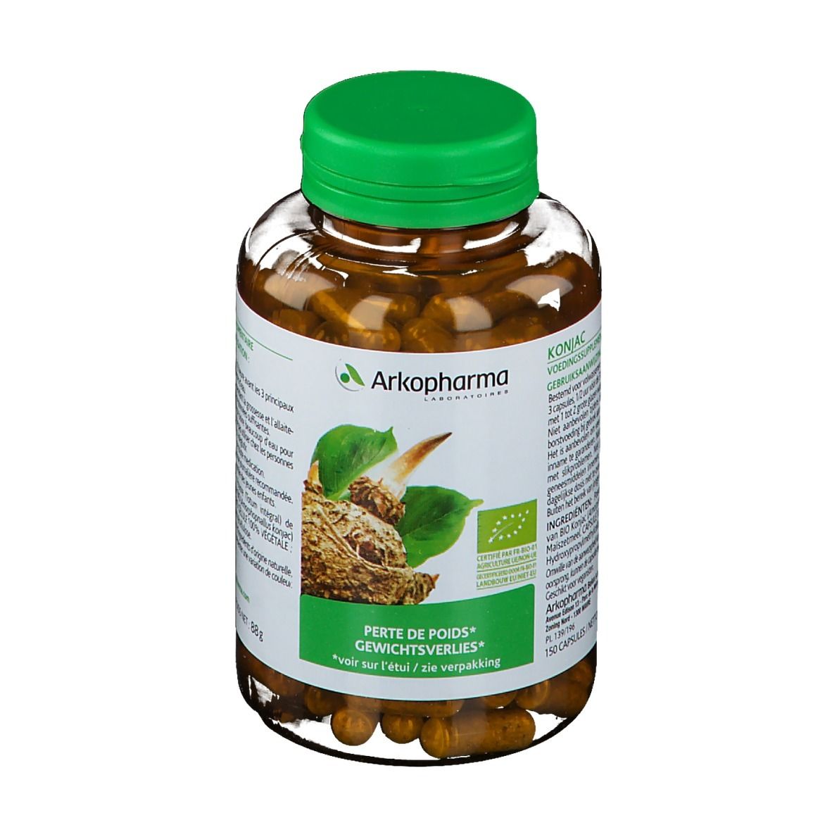 Flacon transparent, bouchon vert. Étiquette avec informations et logo. Gélules visibles.