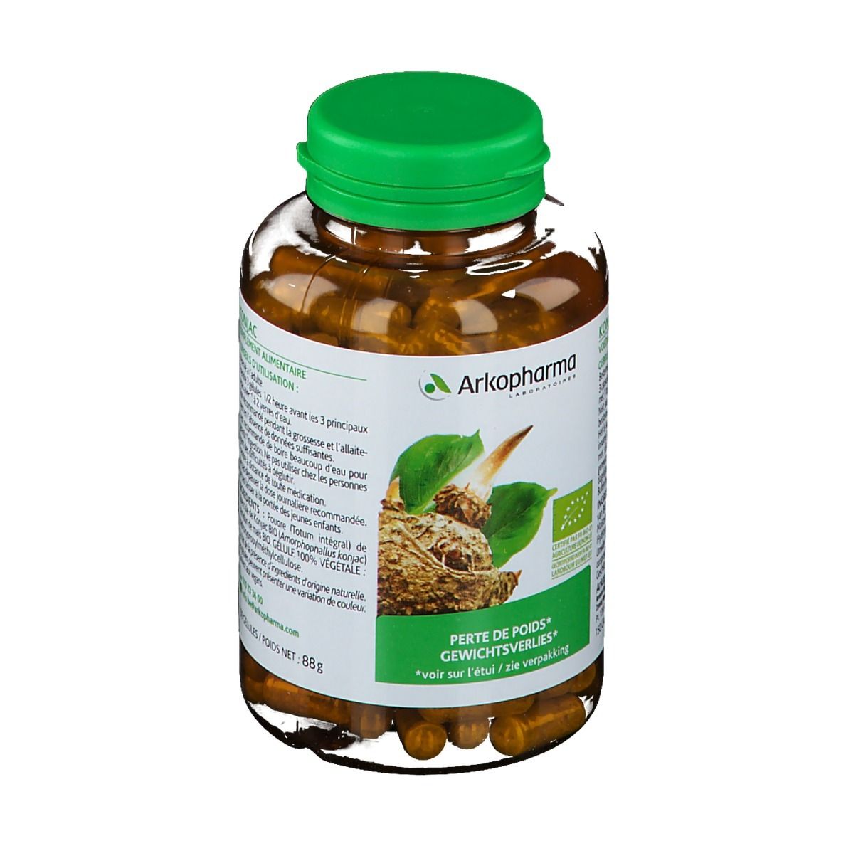 Flacon transparent, bouchon vert. Étiquette avec informations et logo. Gélules visibles.