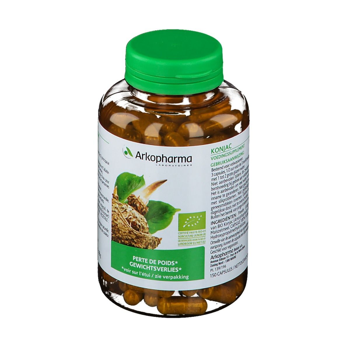 Flacon transparent, bouchon vert. Étiquette avec informations et logo. Gélules visibles.