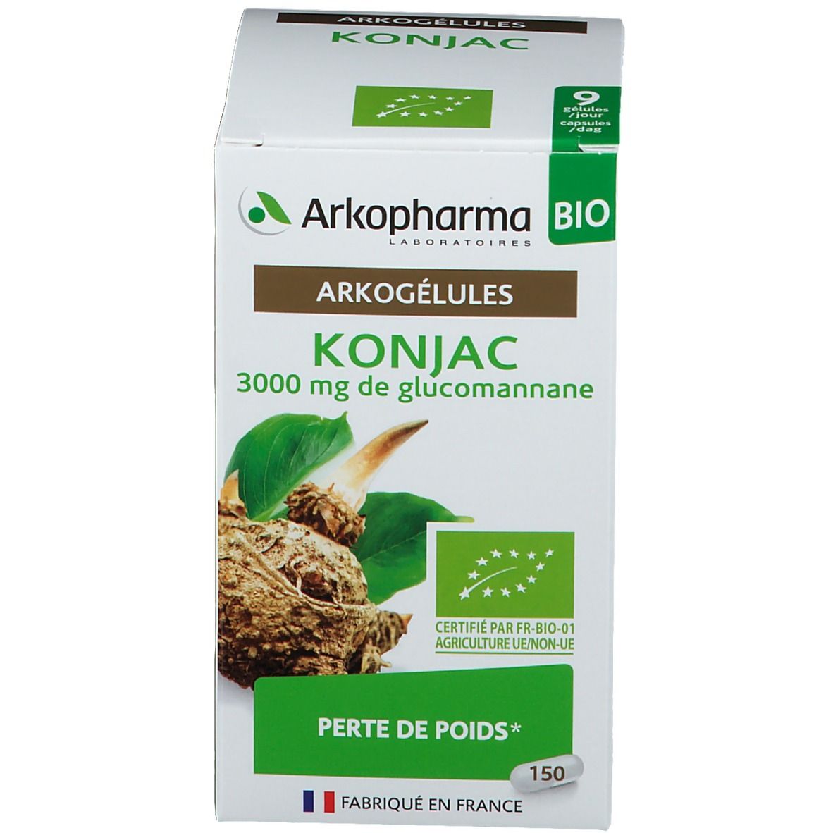 Emballage avec informations et logo. Tons verts et bruns.