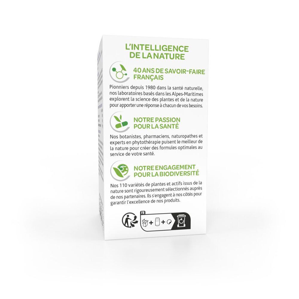 Dos de la boîte blanche. Garanties: origine, gélules 100% végétales, sans OGM, sans pesticides.