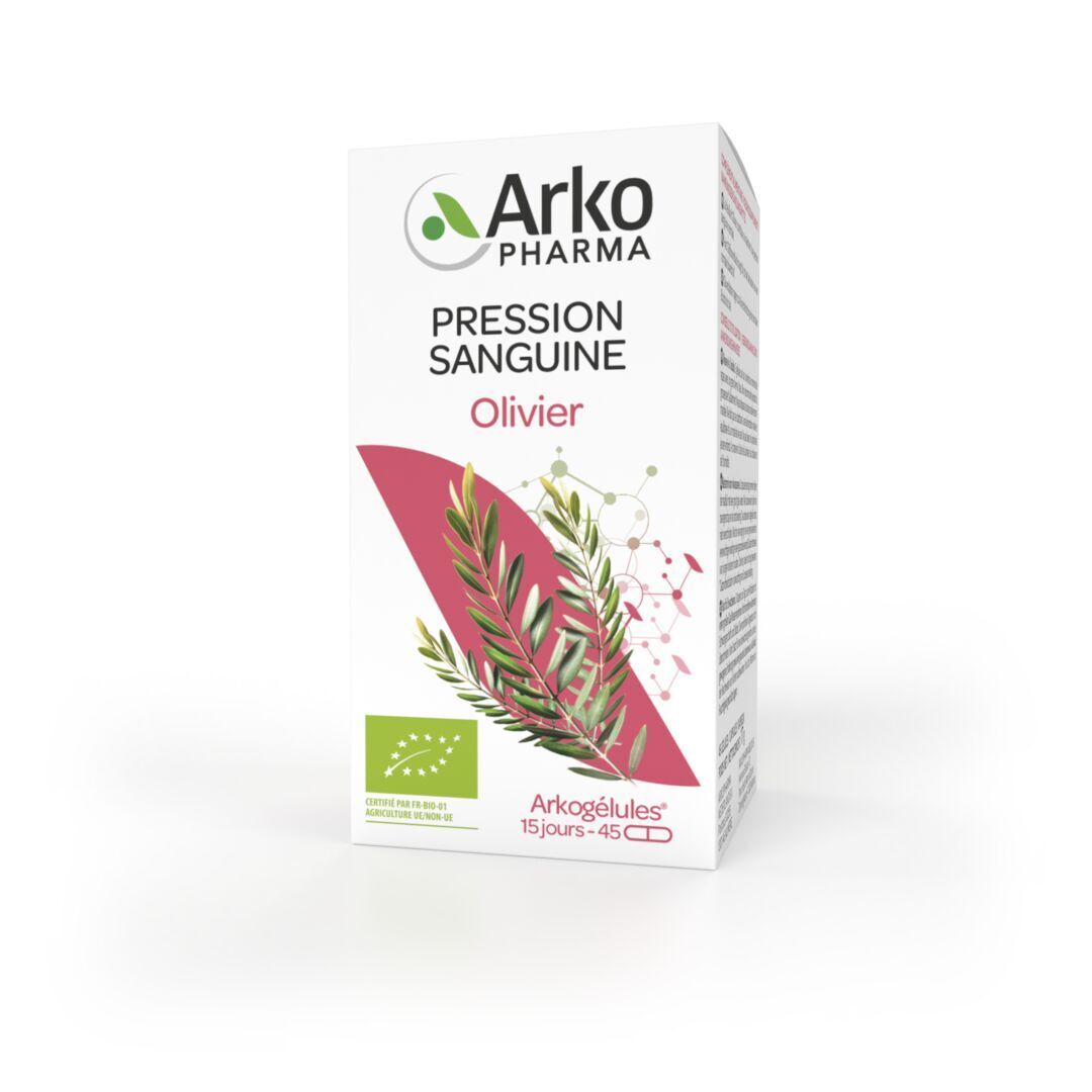 Emballage du produit, boîte blanche avec logo Arkopharma, illustration de branche d'olivier et texte. 45 gélules.