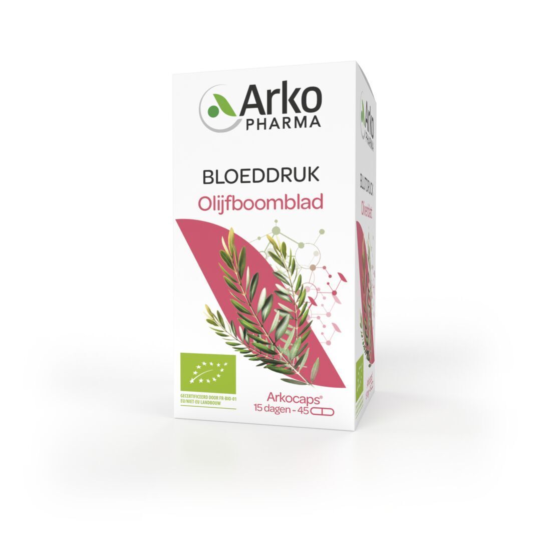 Productverpakking, witte doos met Arkopharma-logo, olijftak-illustratie en tekst. 45 capsules.