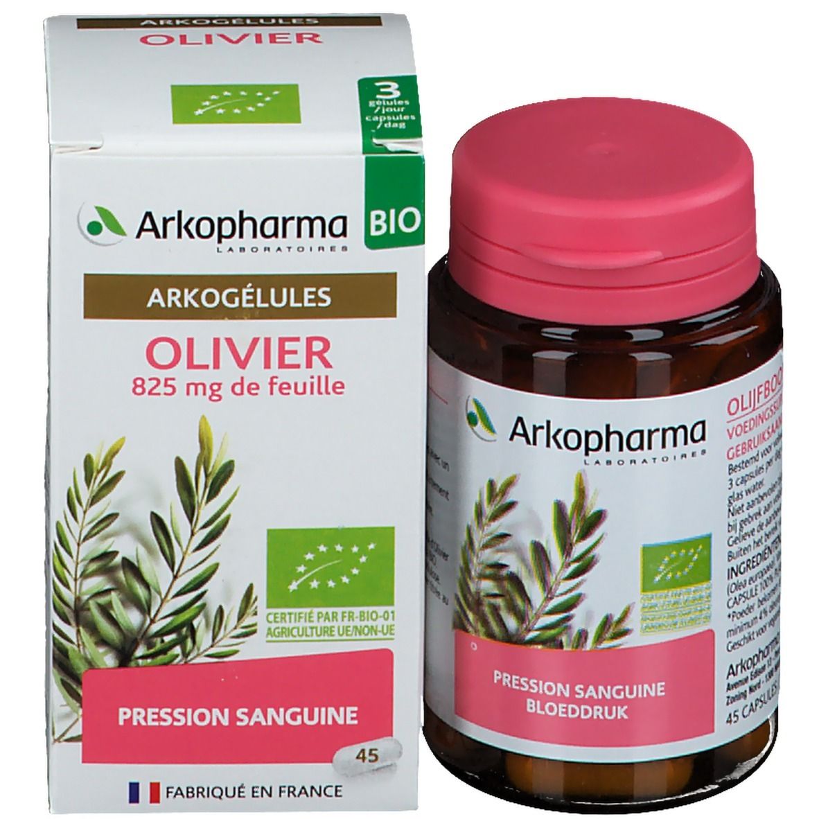 Produktverpackung mit Flasche und Schachtel. Flasche mit rosa Deckel. Schachtel mit Arkopharma-Logo, Olivenzweig-Illustration und Text.