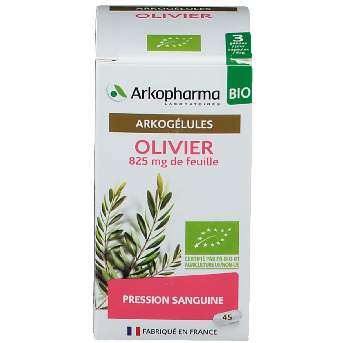 Produktverpackung mit Schachtel. Schachtel mit Arkopharma-Logo, Olivenzweig-Illustration und Text. 45 Kapseln.