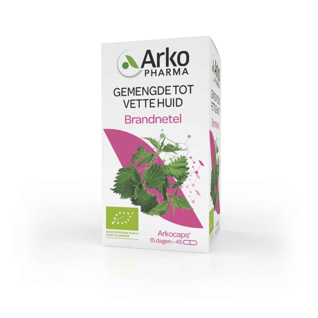 Verpakking. Opschrift: Arkocaps Brandnetel, Gemengde tot Vette Huid. Logo en bladeren.
