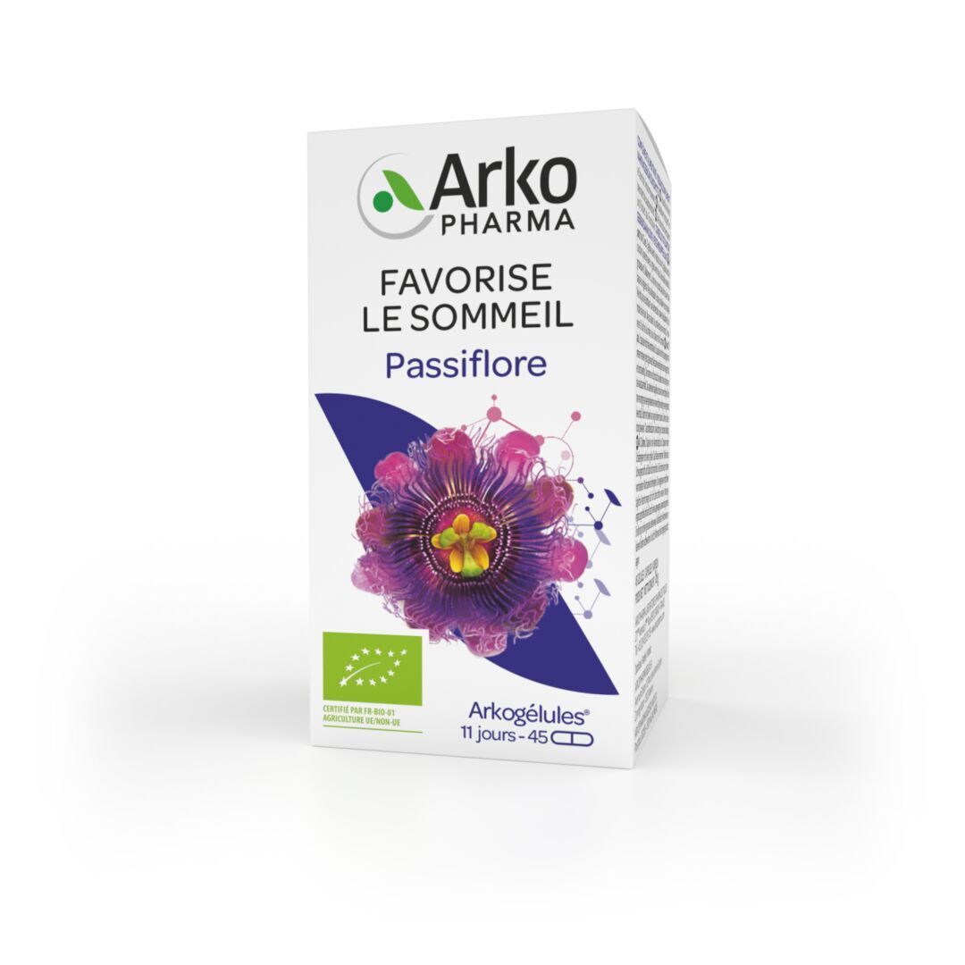 Boîte de gélules. Inscription: Arkopharma, Favorise le sommeil, Passiflore. 45 gélules.