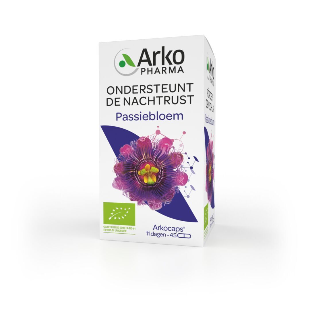 Verpakking met capsules. Opschrift: Arkopharma, Ondersteunt de nachtrust, Passiebloem. 45 capsules.