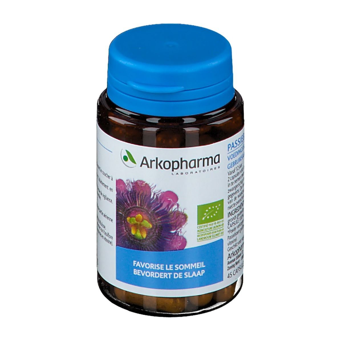 Bruine capsules in een fles met blauwe dop. Opschrift: Arkopharma, Passiflore, Bevordert de slaap. Bio-label.