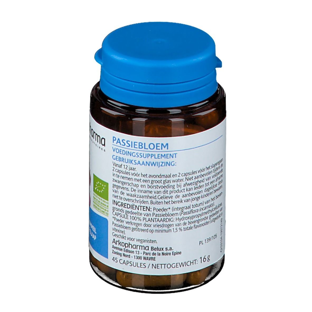 Bruine capsules in fles met blauwe dop. Opschrift: Arkopharma, Passiebloem, Voedingssupplement. Bio-label.