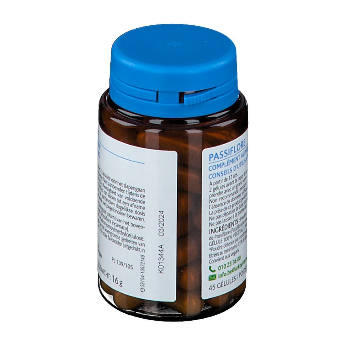 Achterkant van een flesje met bruine capsules en blauwe dop. Opschrift: Passiflora, voedingssupplement. 45 capsules.