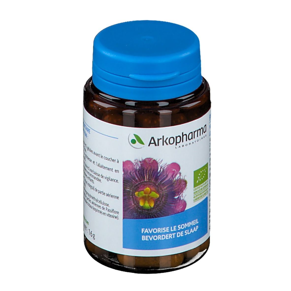 Fles met bruine capsules en blauwe dop. Opschrift: Arkopharma, Passiflora, Bevordert de slaap. Bio-label.