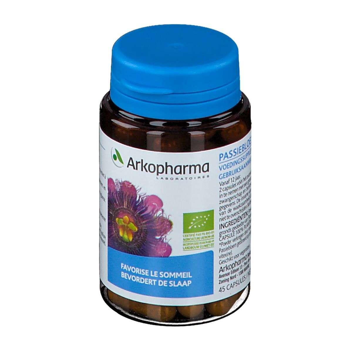 Fles met bruine capsules en blauwe dop. Opschrift: Arkopharma, Passiflora, Bevordert de slaap. Bio-label.