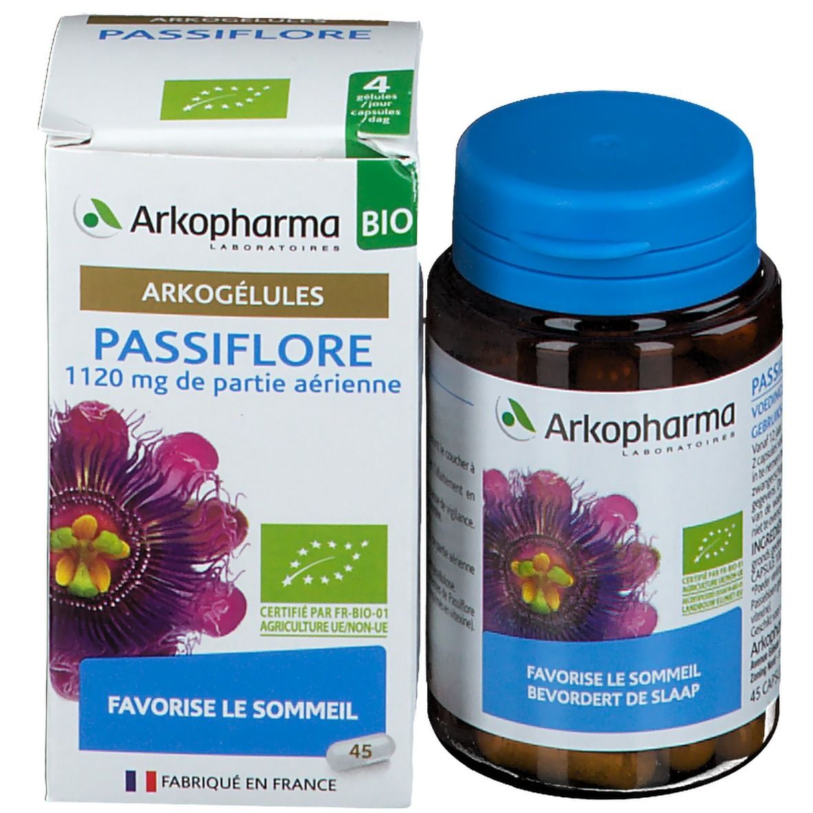 Verpakking en fles met capsules. Opschrift: Arkogélules Passiflore, 45 capsules. Bio-label. Gemaakt in Frankrijk.