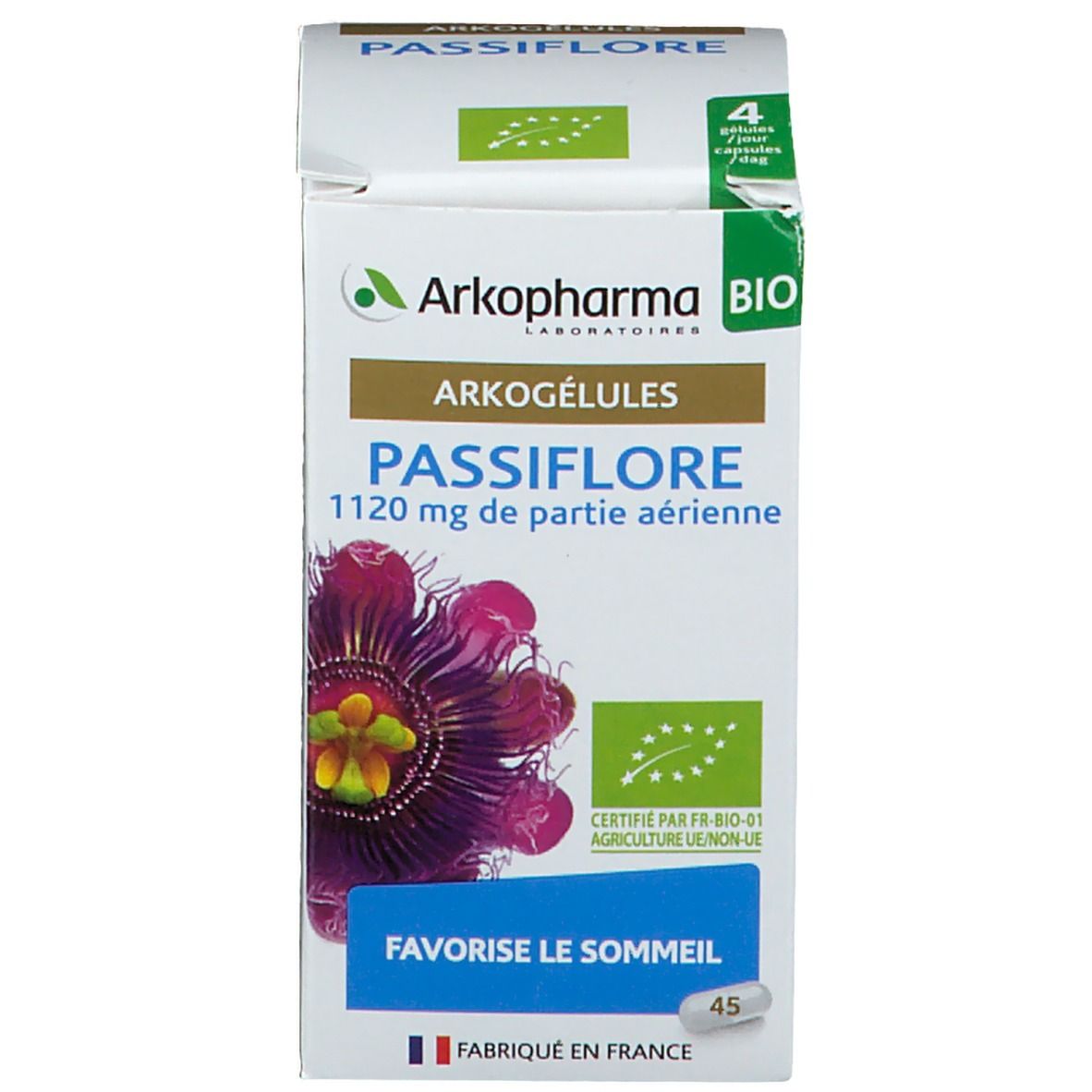 Verpakking met capsules. Opschrift: Arkogélules Passiflore, 45 capsules. Bio-label. Gemaakt in Frankrijk.