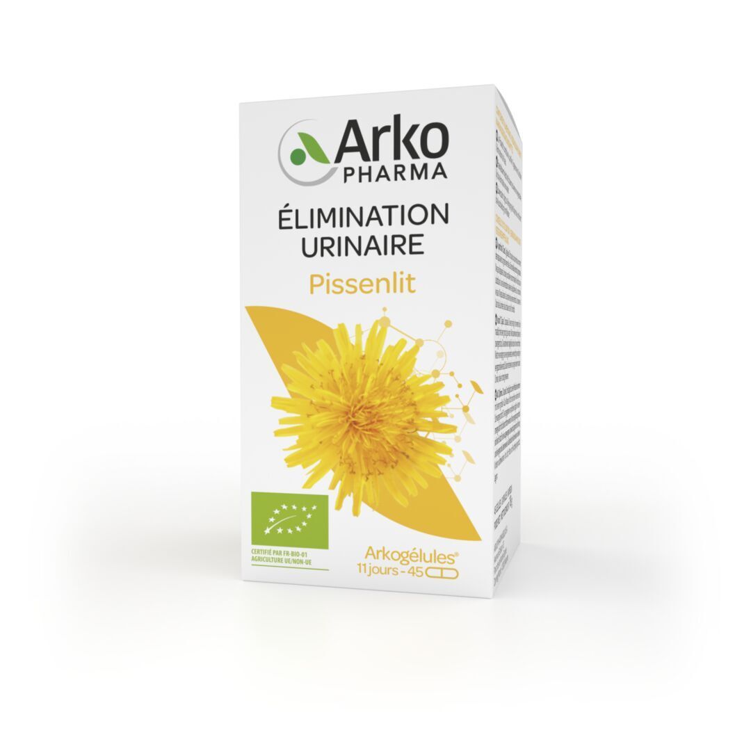 Boîte. Boîte avec logo, texte et fleur jaune. Texte: Élimination urinaire, Pissenlit. 45 gélules. Certification bio.