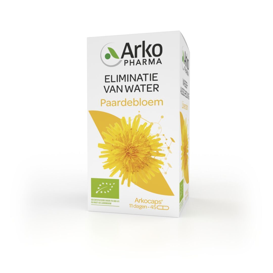 Verpakking. Doos met logo, tekst en gele bloem. Tekst: Eliminatie van water, Paardebloem. 45 capsules. Bio-certificering.