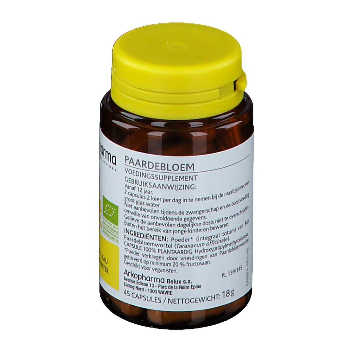Flacon en verre brun avec couvercle jaune. Étiquette avec logo, texte et fleur jaune. Texte: Paardebloem, Voedingssupplement. 45 gélules. Certification bio.