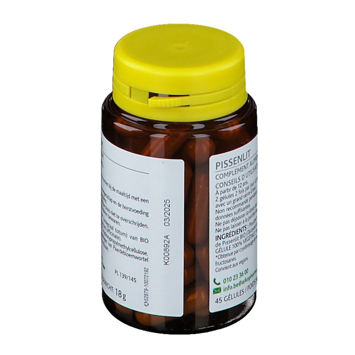 Flacon en verre brun avec couvercle jaune. Étiquette avec logo, texte et fleur jaune. Texte: Pissenlit, Complément alimentaire. 45 gélules. Certification bio.