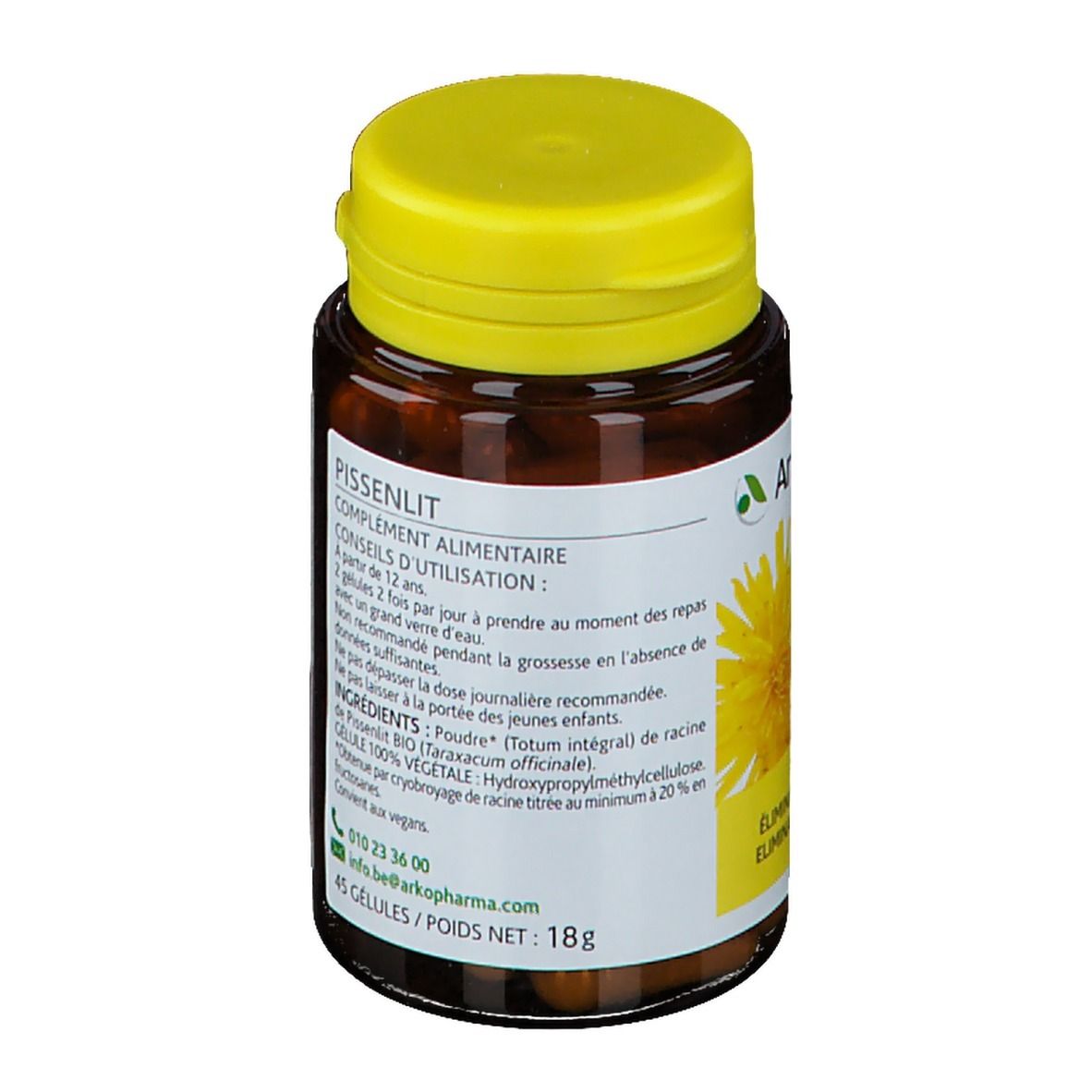 Flacon en verre brun avec couvercle jaune. Étiquette avec logo, texte et fleur jaune. Texte: Pissenlit, Complément alimentaire. 45 gélules. Certification bio.