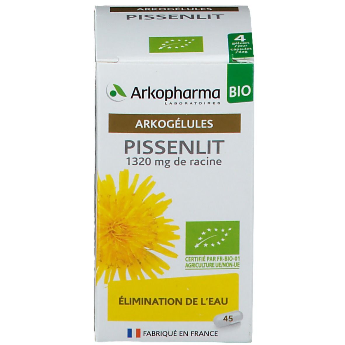 Boîte. Boîte avec logo, texte et fleur jaune. Texte: Pissenlit, 45 gélules. Certification bio.