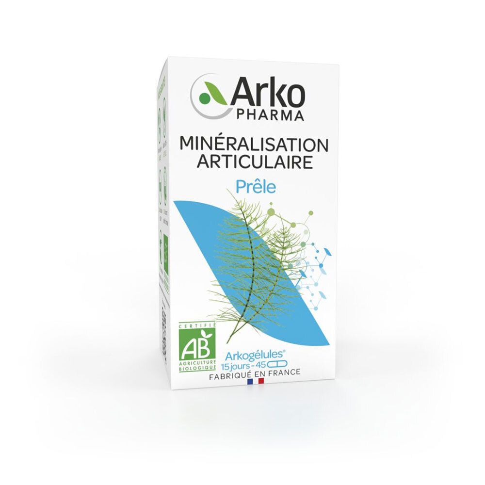 Witte doos met productopdruk. Arko Pharma logo. Tekst: Mineralisatie, Prêle. AB-certificering.