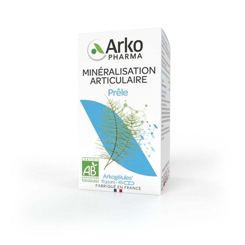 Witte doos met productopdruk. Arko Pharma logo. Tekst: Mineralisatie, Prêle. AB-certificering.