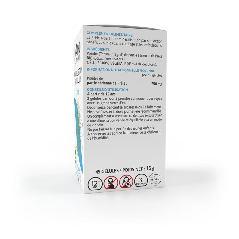 Achterkant van de doos. Tekst: Voedingssupplement. Ingrediënten, gebruiksaanwijzing. 45 capsules, 15g.