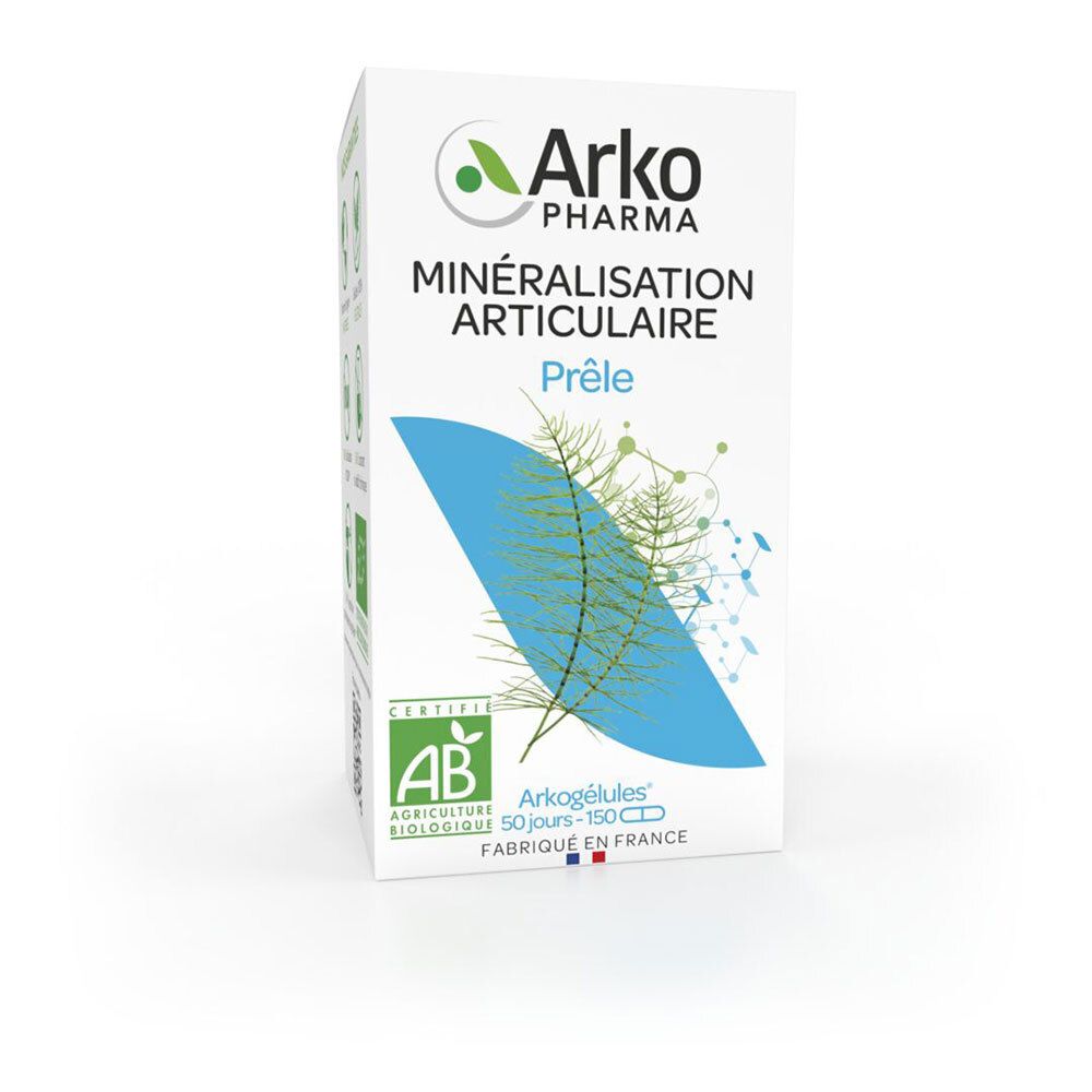 Weißer Karton mit Produktaufdruck. Aufschrift: Arkopharma, Minéralisation Articulaire, Prêle. AB-Zertifizierung.