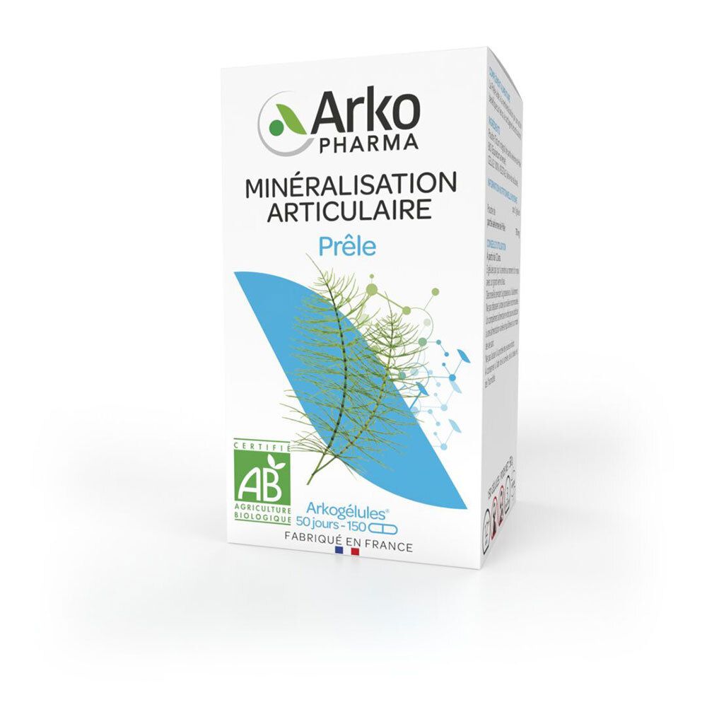 Weißer Karton mit Produktaufdruck. Aufschrift: Arkopharma, Minéralisation Articulaire, Prêle. AB-Zertifizierung.
