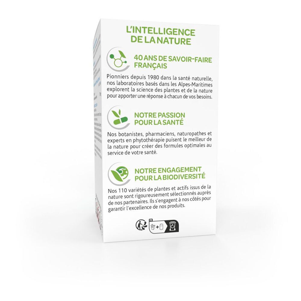 Seite des Kartons. Text: L'intelligence de la nature. 40 Jahre Erfahrung. Informationen über das Unternehmen.