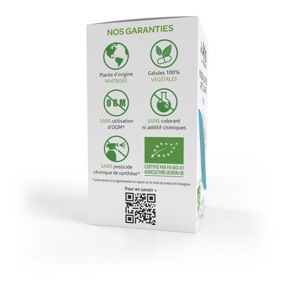 Seite des Kartons. Logos: Pflanze, vegane Kapseln, ohne GVO, ohne Zusatzstoffe, ohne Pestizide. Bio-Zertifizierung.