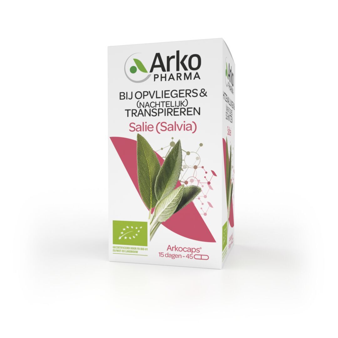 Kartonverpackung. Arkopharma Logo, Salbei-Blatt-Illustration und Text. Bio-Zertifizierung. 45 Kapseln.