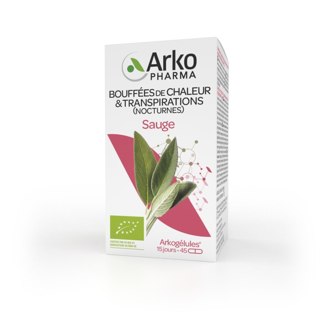 Emballage carton. Logo Arkopharma, illustration de feuille de sauge et texte. Certification bio. 45 gélules.