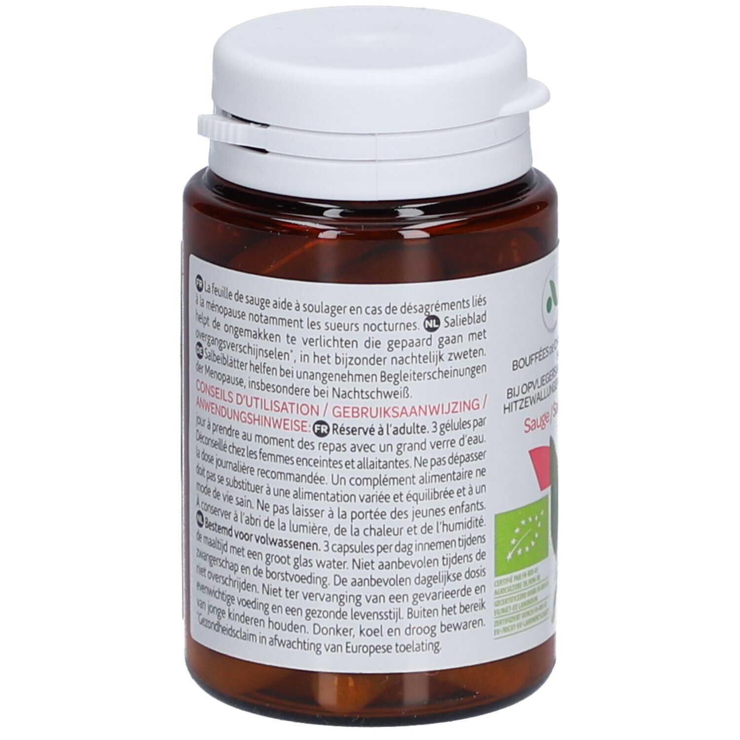 Rückseite der Flasche. Text in mehreren Sprachen. Informationen zur Anwendung und Inhaltsstoffe. Bio-Zertifizierung.
