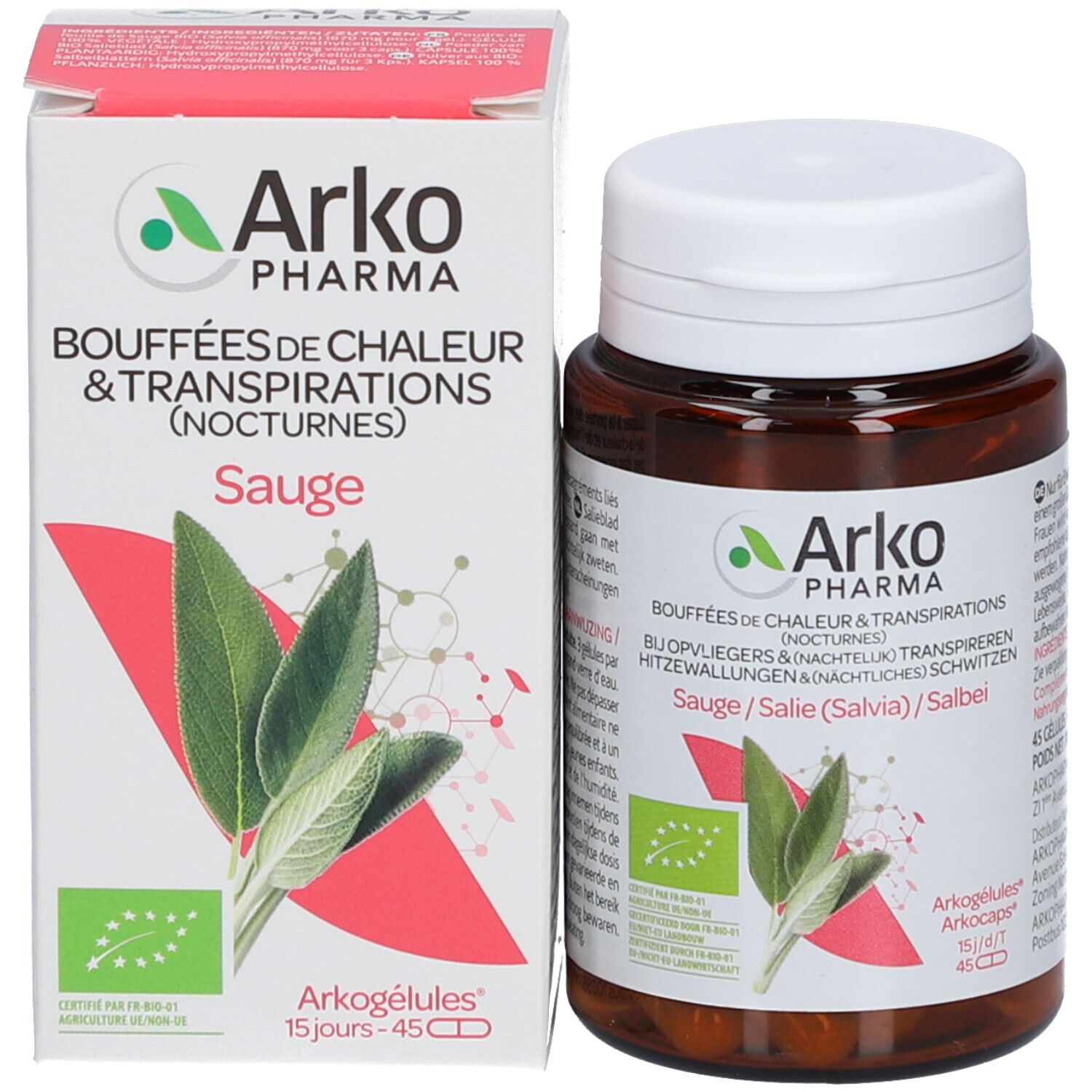 Produktverpackung mit Flasche und Karton. Karton mit Arkopharma Logo, Salbei-Blatt-Illustration und Text. 45 Kapseln.