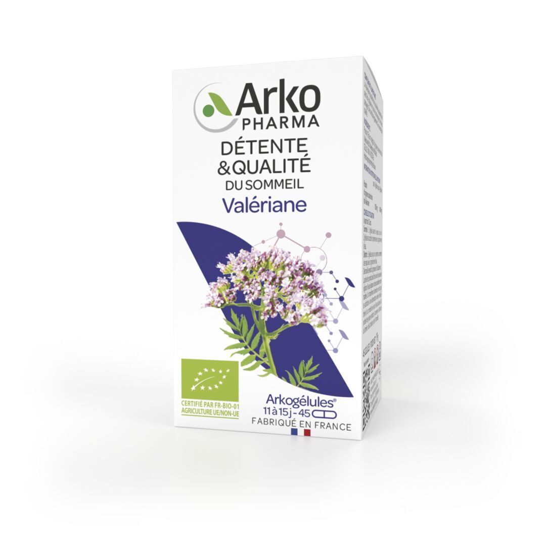 Emballage produit. Inscription: Arkopharma, Détente & qualité du sommeil, Valériane.