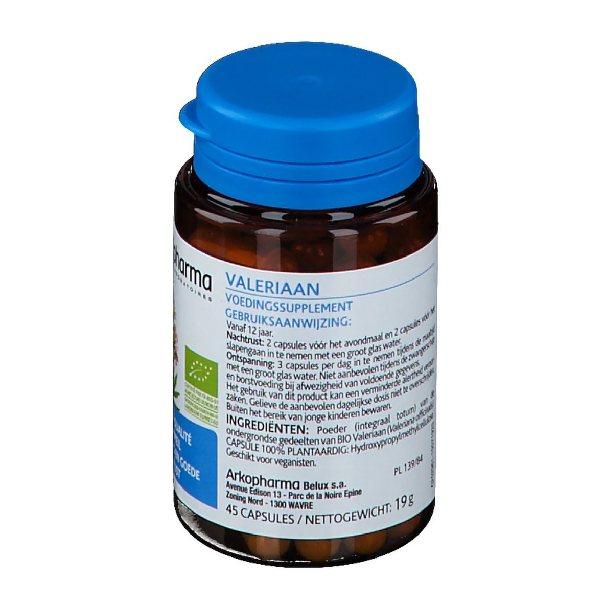 Bruine fles met blauwe dop. Opschrift: Valeriaan, Voedingssupplement, 45 capsules, 19g.