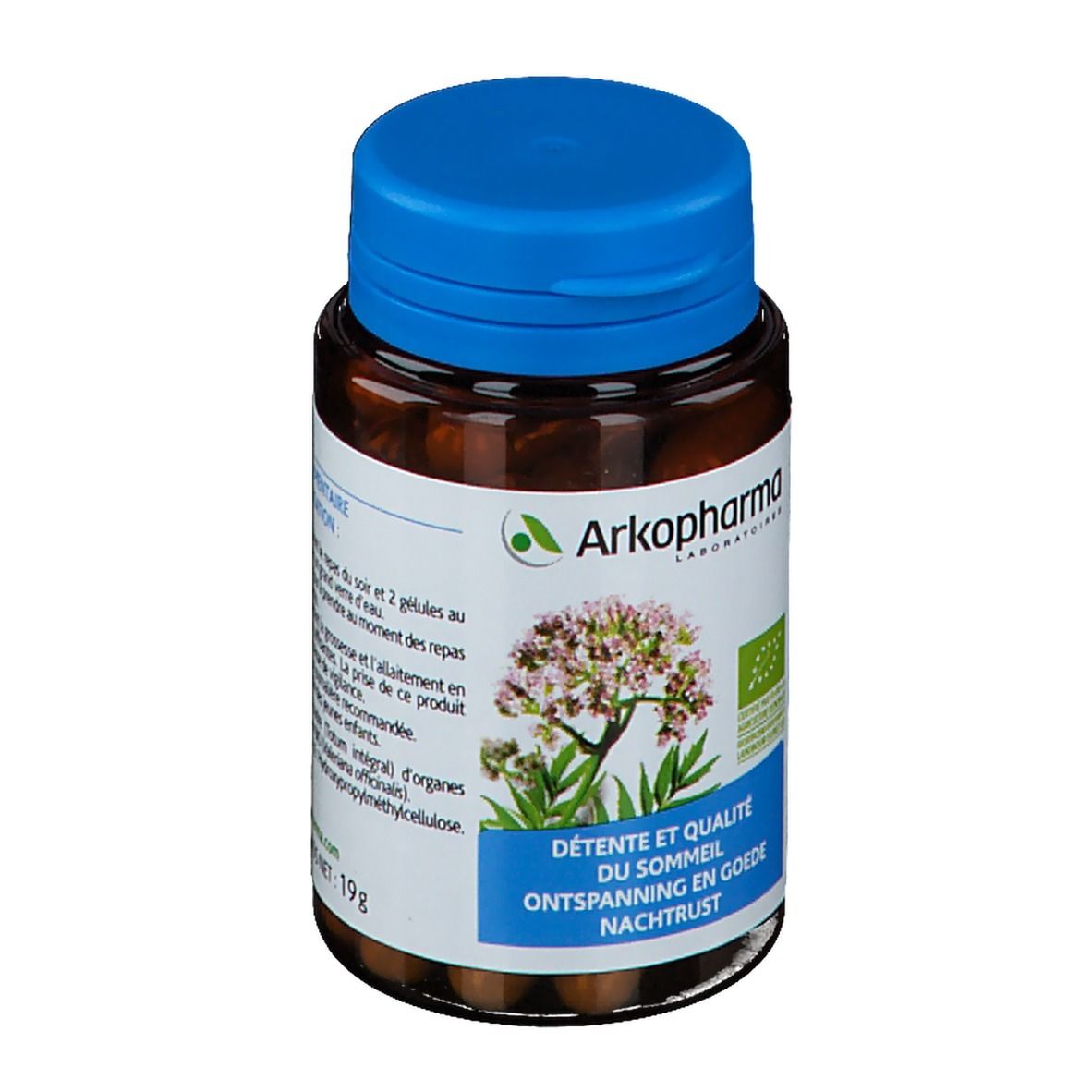 Bruine fles met blauwe dop. Opschrift: Arkopharma, Détente et qualité du sommeil, Ontspanning in goede nachtrust.