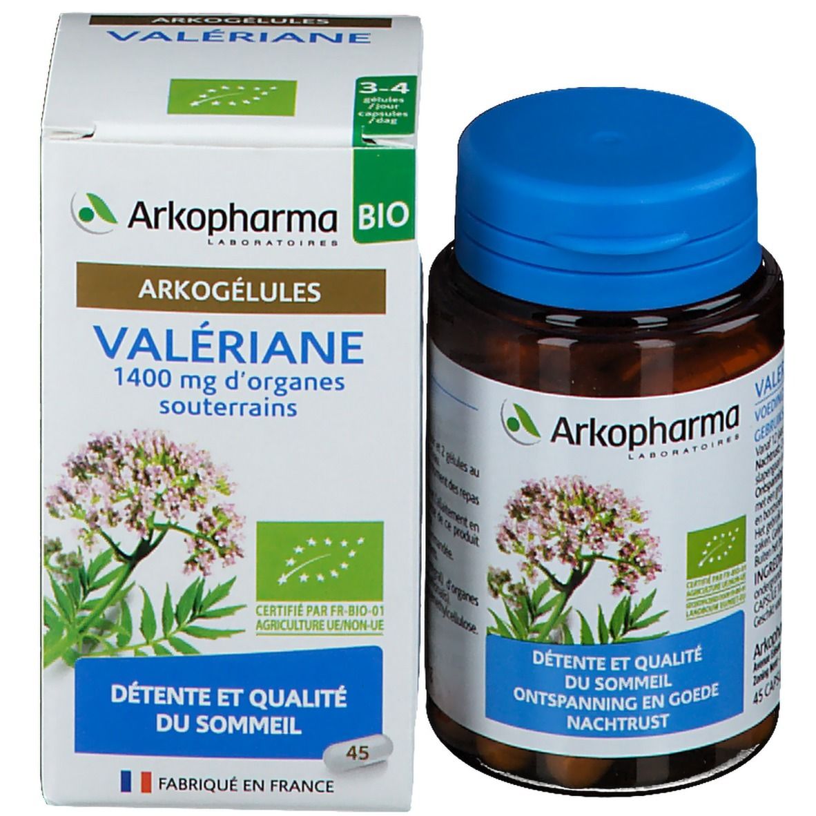 Productverpakking met fles. Opschrift: Arkogélules Valériane, Détente et qualité du sommeil, 45.