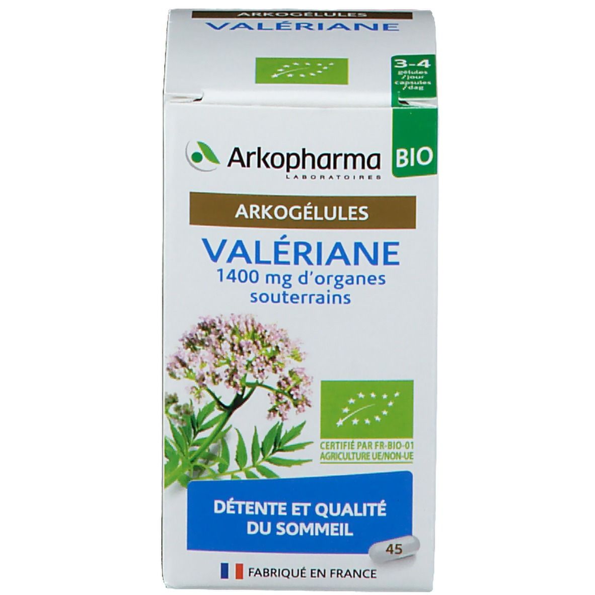Productverpakking. Opschrift: Arkogélules Valériane, Détente et qualité du sommeil, 45.