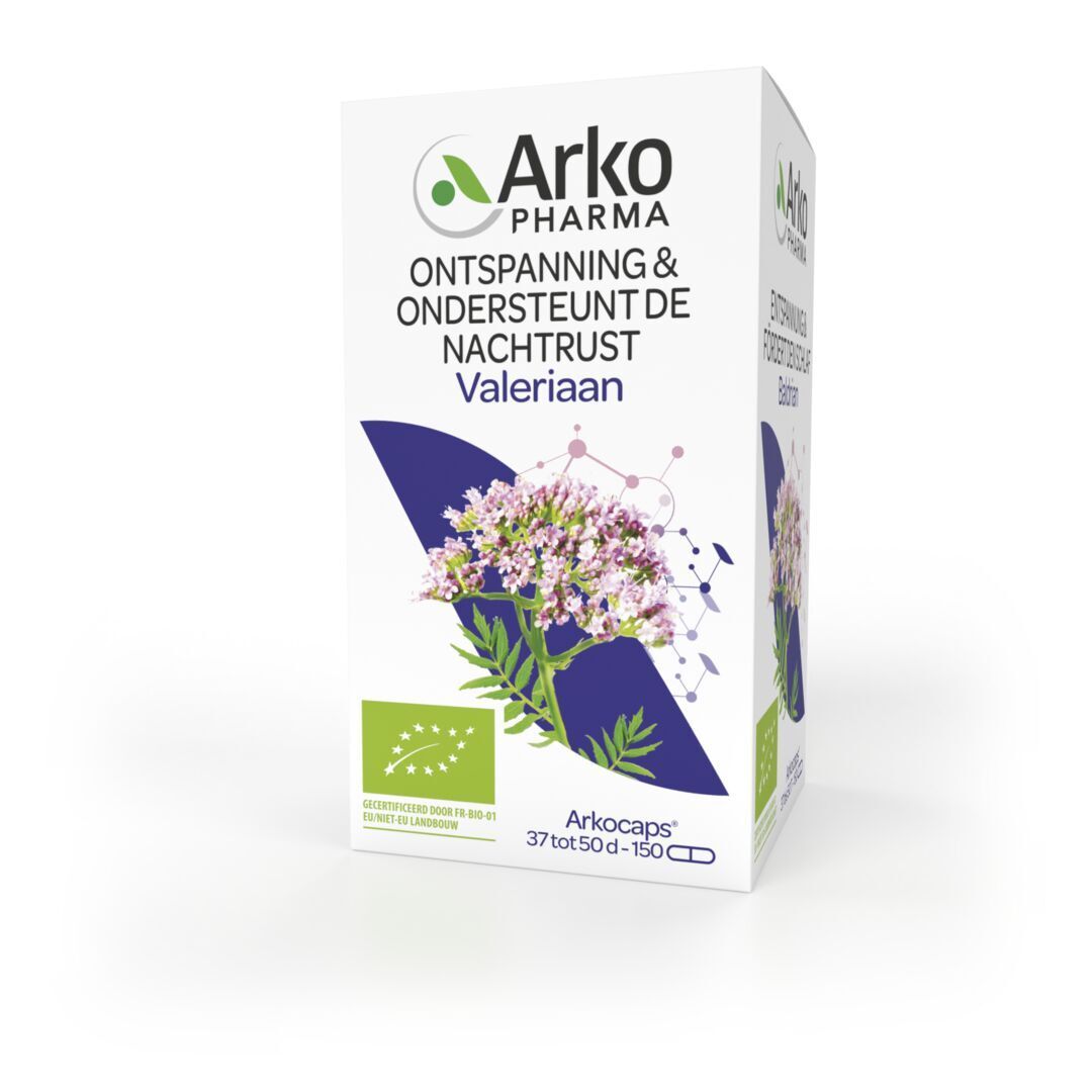 Productverpakking. Nederlandse tekst. Bio-label. 150 capsules. Wit en blauw.