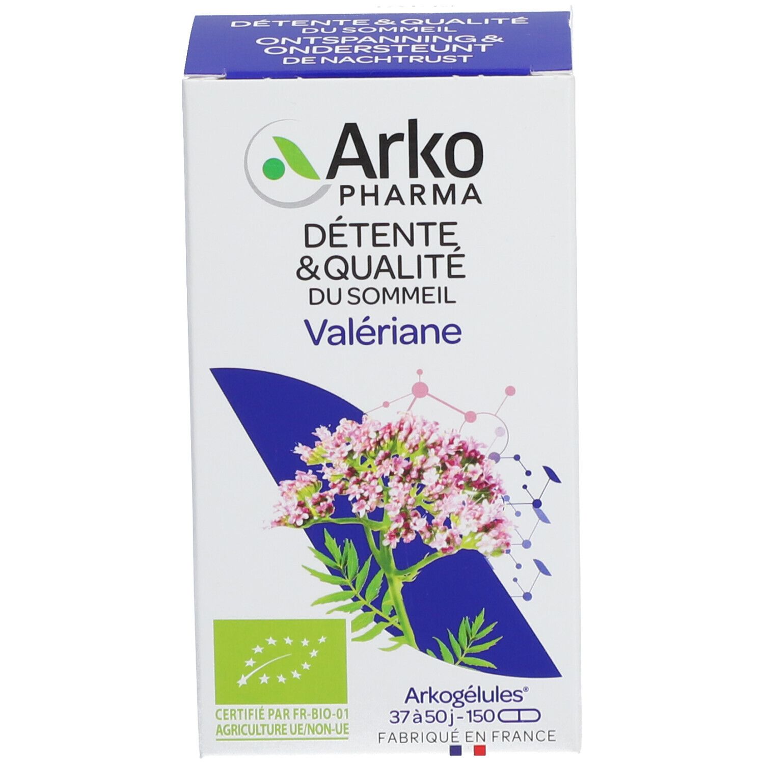 Emballage du produit. Texte en français. Label bio. 150 gélules. Blanc et bleu.