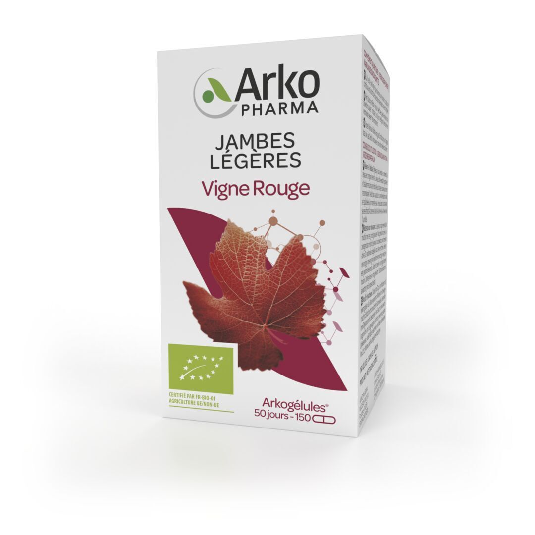Emballage du produit. Logo, texte et feuille de vigne rouge. 150 gélules.