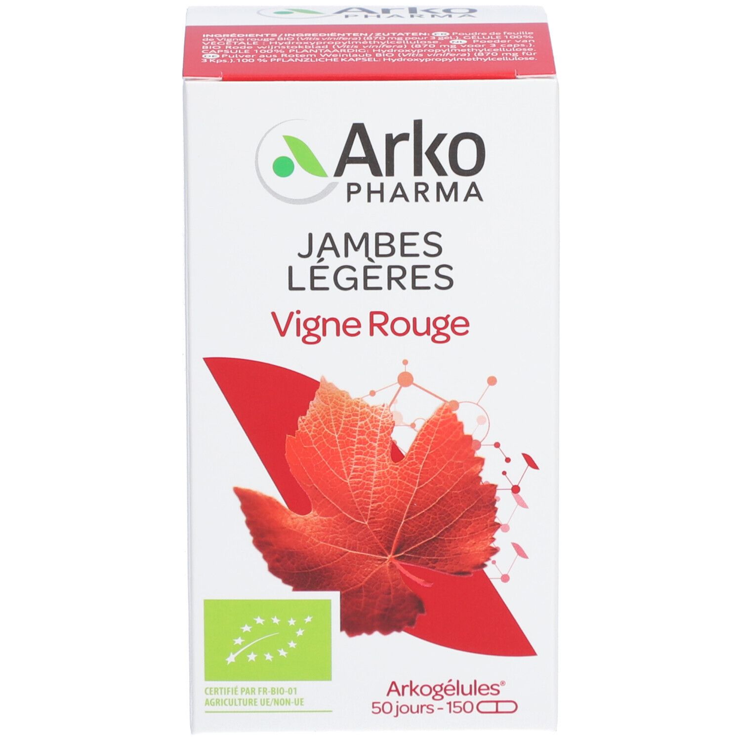 Emballage du produit. Logo, texte et feuille de vigne rouge. 150 gélules.