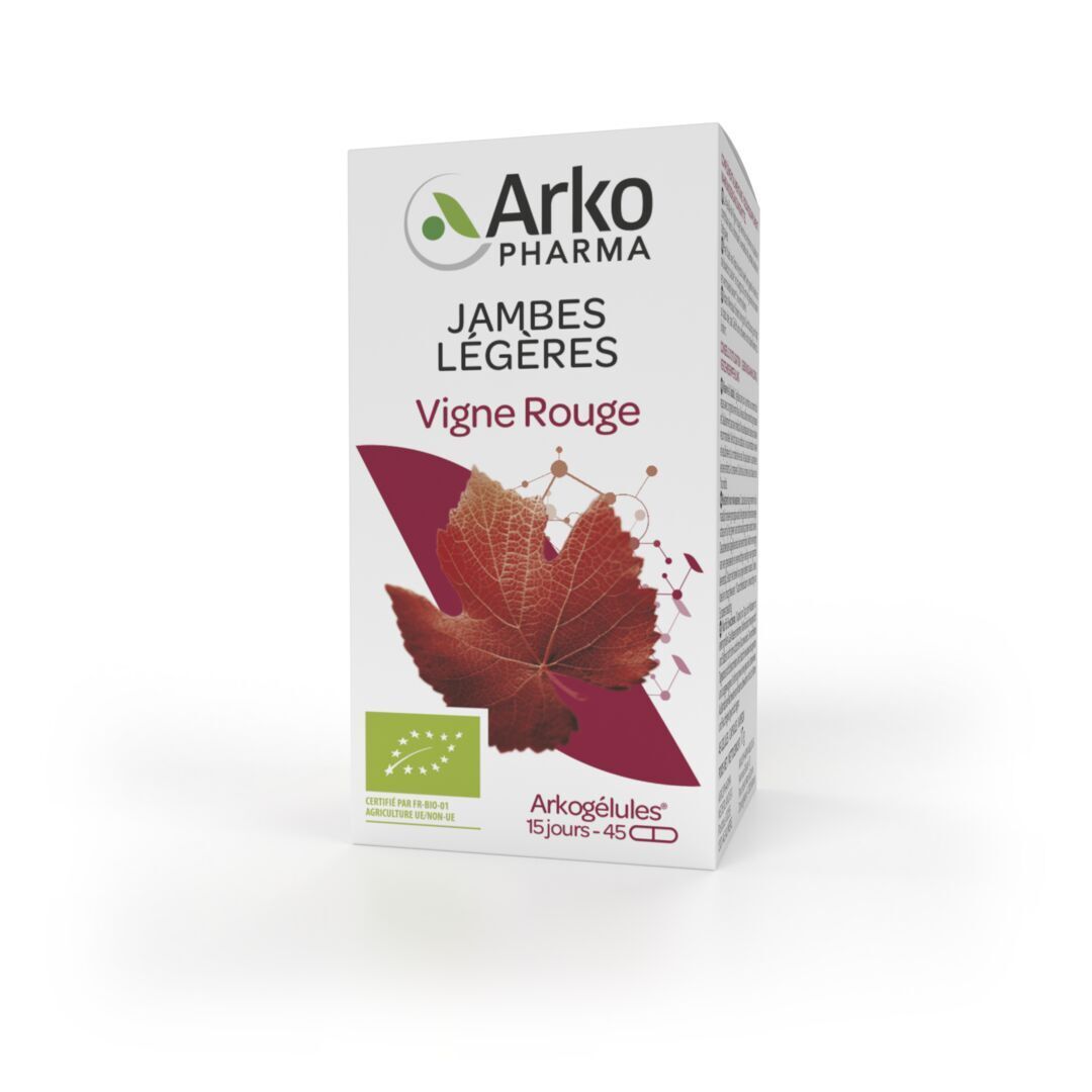 Emballage produit avec inscriptions 'Jambes légères' et 'Vigne Rouge'.