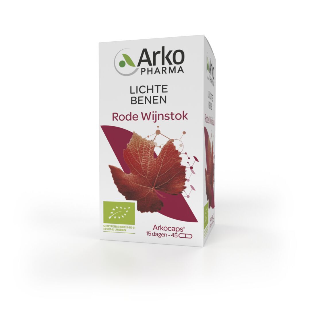 Productverpakking met opschriften 'Lichte Benen' en 'Rode Wijnstok'.