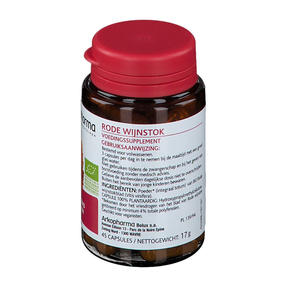 Bruine glazen fles met rode dop. Etiket met productinformatie en opschrift 'Rode Wijnstok'.