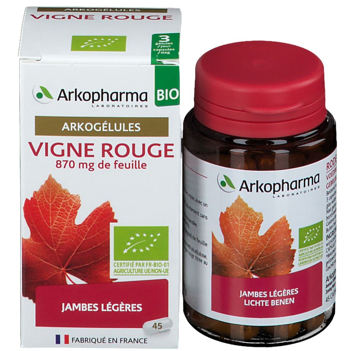 Productverpakking met opschriften 'Vigne Rouge' en 'Jambes légères'. Bevat een fles en een doos.